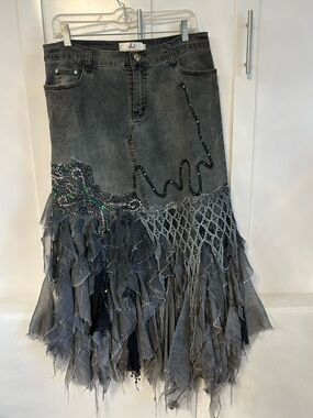 Rossi Roma Italy Y2K asymmetric embellished denim skirt fun ruffle details